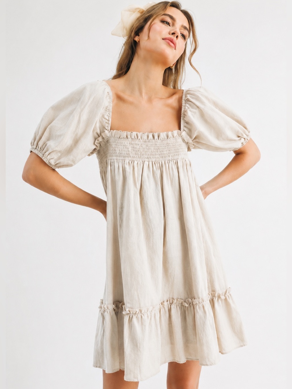 SABO SKIRT Ranetta Linen Blend Mini Dress Size 4 Beige Off Shoulder Babydoll - Picture 5 of 11